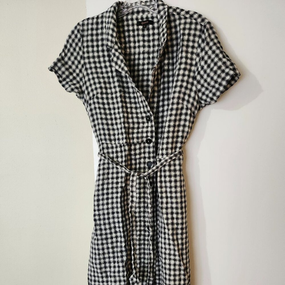 Quince 100% European Linen Button Front Dress Khaki Black Gingham Small